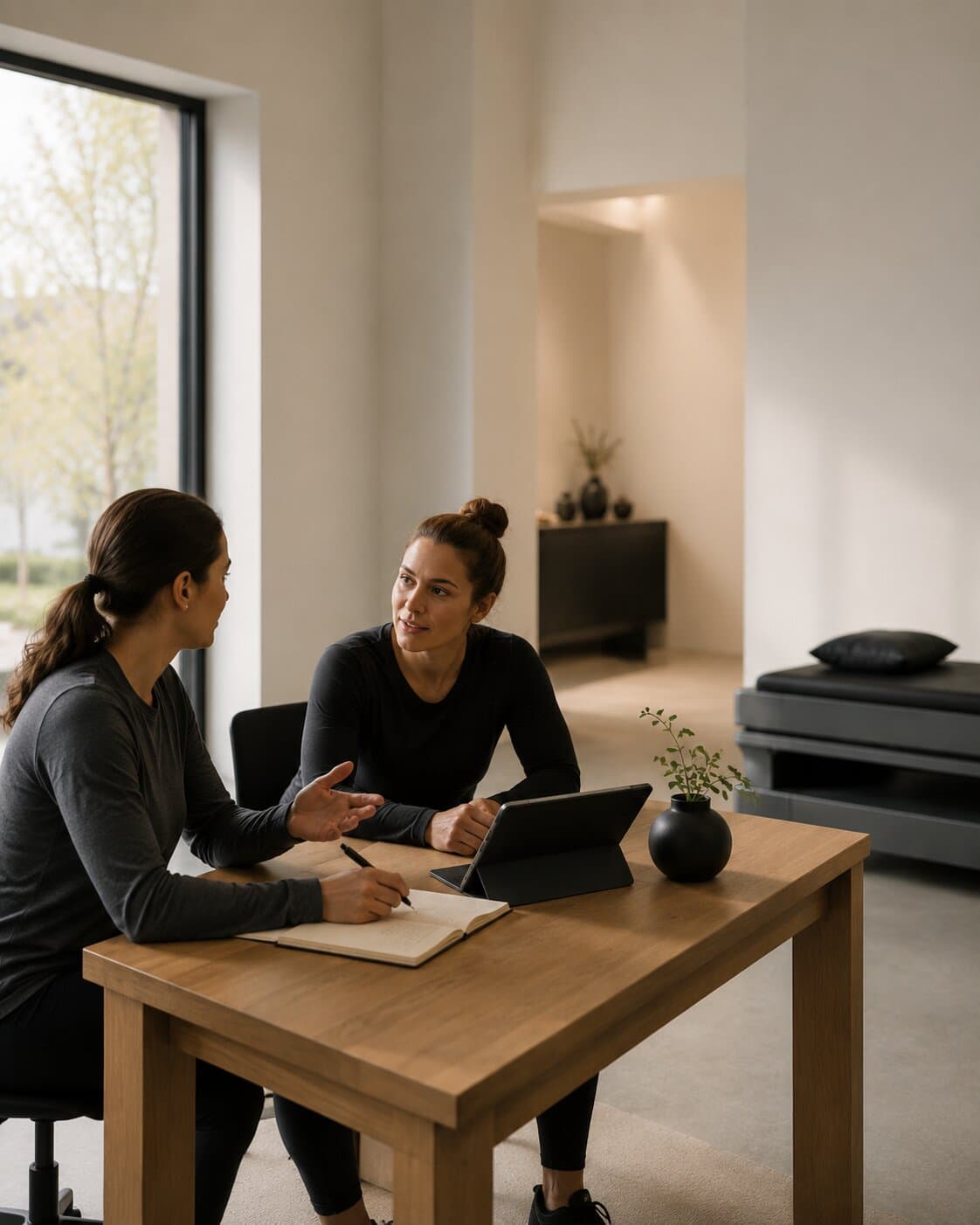 A coach and a client in conversation across a table, a notebook and tablet between them.