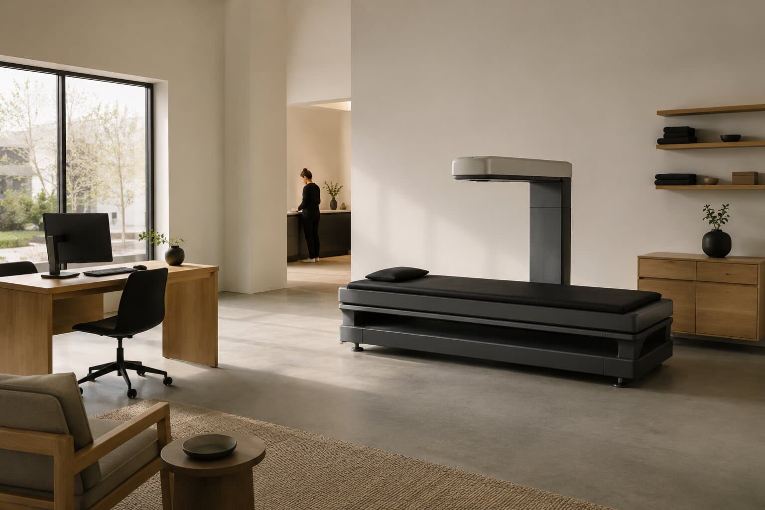 The Xtheory studio: the DEXA scanner beside a consultation desk, with daylight from a full-height window.