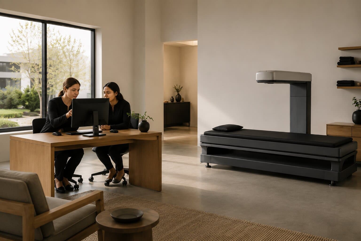 Two people at a desk reviewing results on a monitor together, with the DEXA scanner behind them.