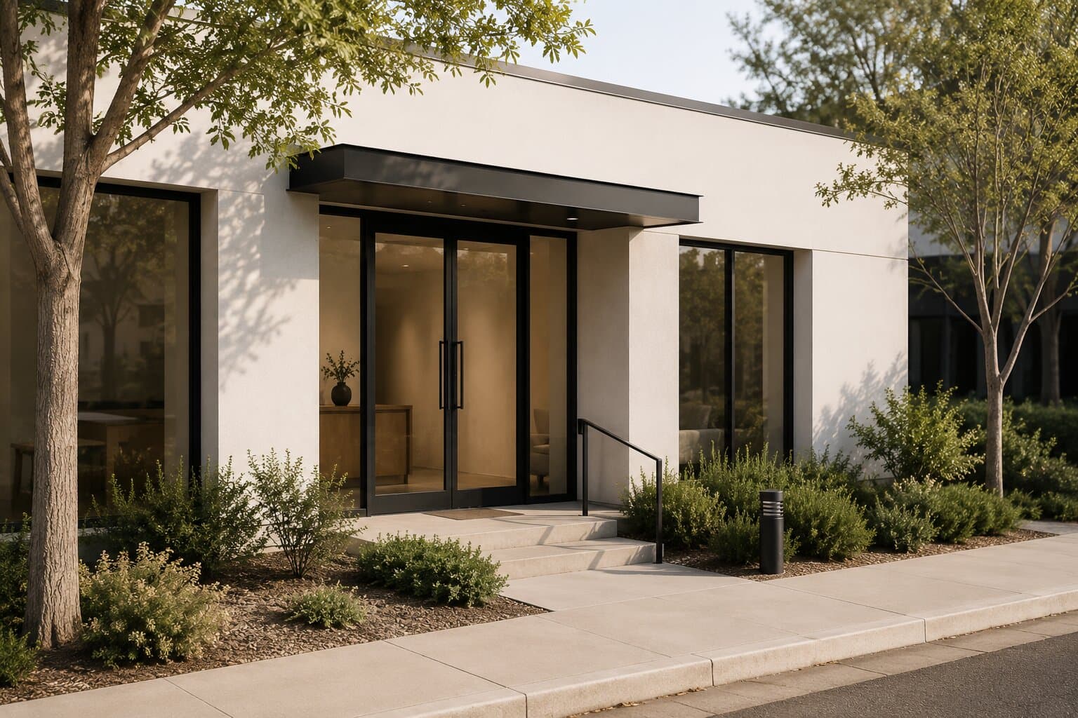 The entrance to the Xtheory studio, with glass doors set back beneath a dark canopy.