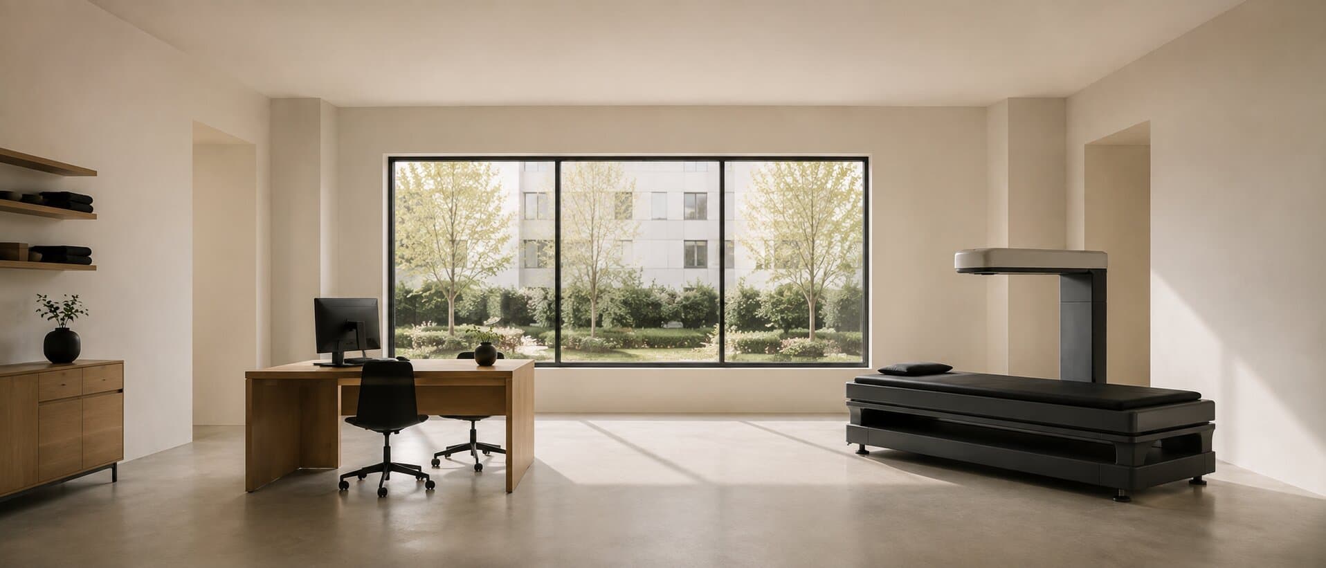 A wide view of the Xtheory studio: a consultation desk and the DEXA scanner beneath a full-height window.
