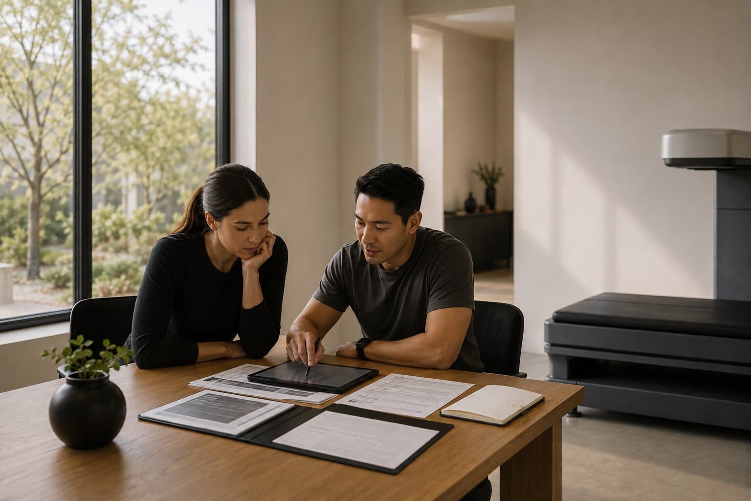 A coach and a client working through printed reports and a tablet together at a table.