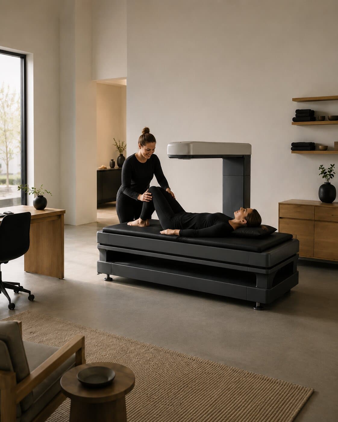 A staff member helping a client into position on the padded scanner bed.