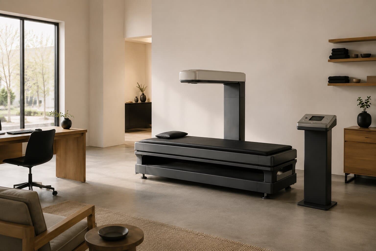 The open DEXA scanner and its control console in the Xtheory studio.