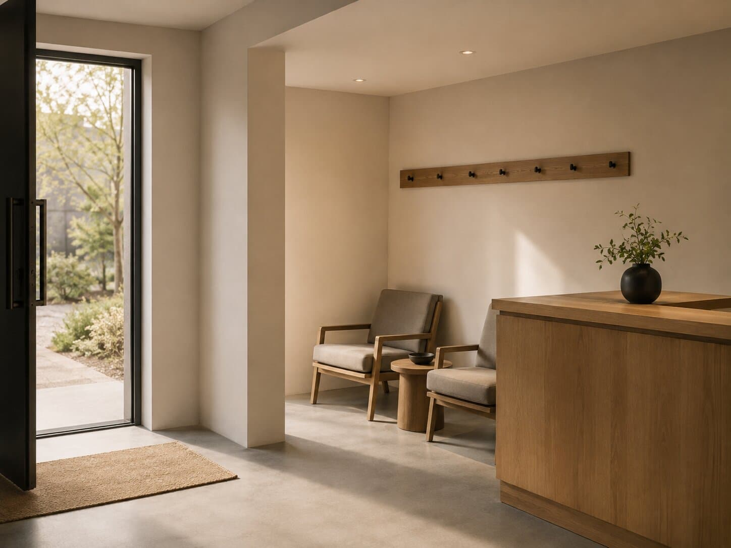 The entrance at Xtheory Walnut Creek: an open door, coat hooks, seating and a reception counter.