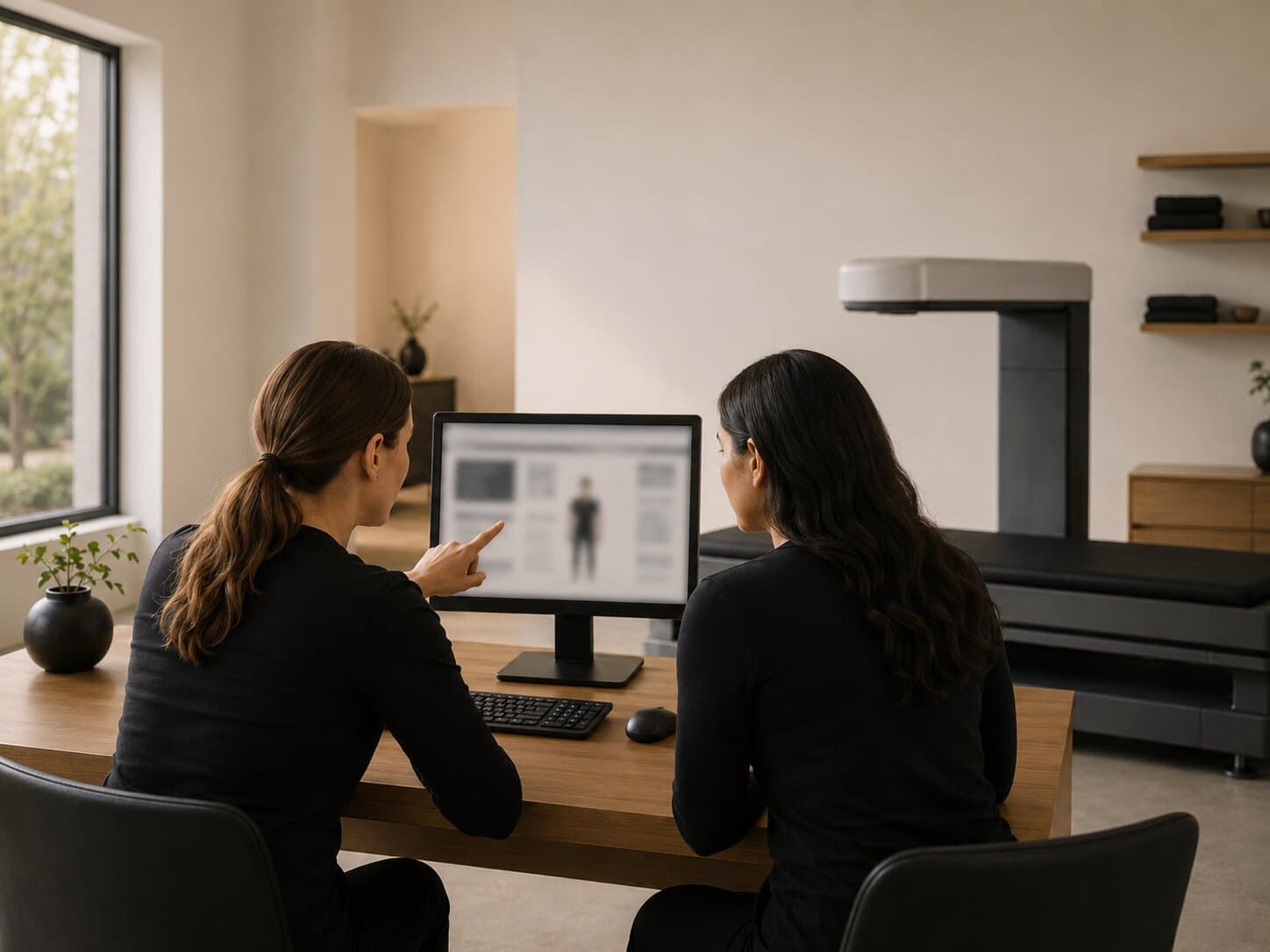 Two people at a desk looking at a body-composition report on screen, one pointing at the display.